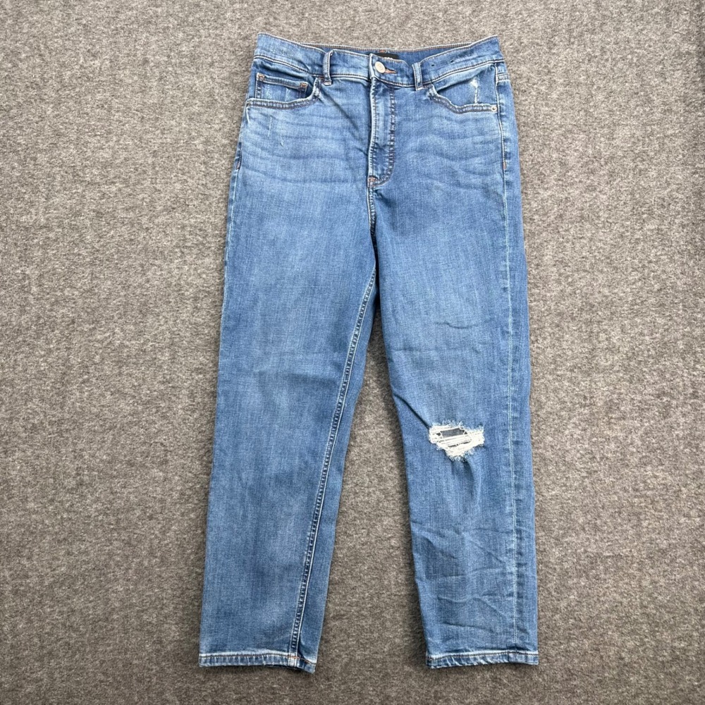 Express Mom Jeans Super High Rise Medium Wash Distressed Stretch Denim 8R